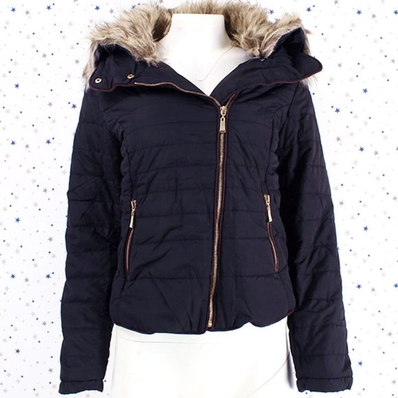 Removable Faux Fur Collar Puffer Jacket Dark Navy - Picture 2 of 8